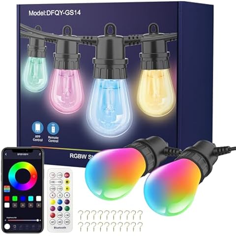 YSJ Outdoor String Lights 49ft, RGBW Christmas Decorations Led Light with Remote App Control, IP68 Waterproof Color House Outside Patio Smart Strip Lights with 15 Bulbs Cover