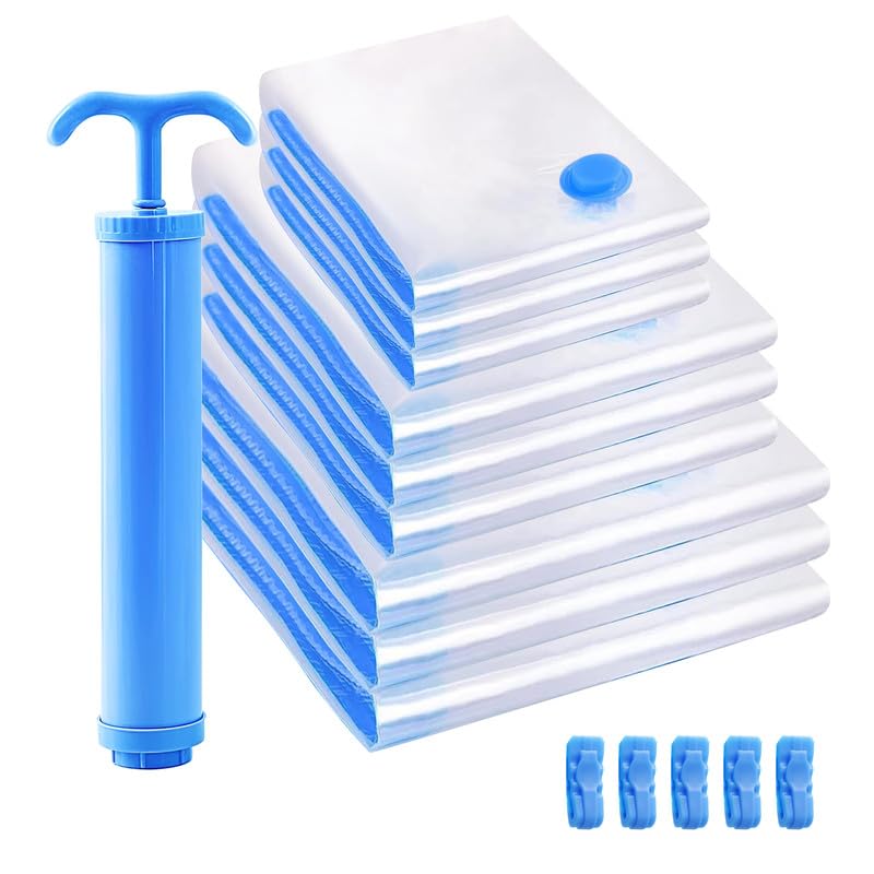 PRIME PICK 9 Pack Vacuum Storage Bags Compression Organizer Airtight Seal Easy Compression with Hand Pump Space Saving Clothes Bedding Travel Storage Blue Multi Size set