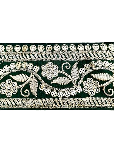 Image of Embroidery Gold Work with Sequence Design Lace Border Falls for Saree, Kurti, Dresses, Bandhani, Lehenga, Decorative Ribbon (6.5 cm Width) (6 Meter, Green)