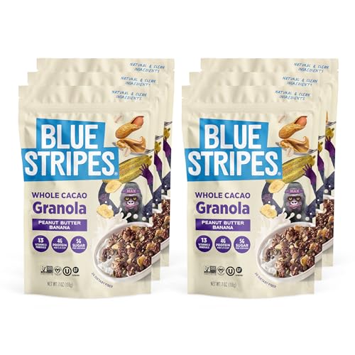 Blue Stripes Whole Cacao Granola - グルテンフリー ダークチョコレートグラノーラ シリアル、オートミール、ヨーグルト、1食当たりタンパク質5g、繊維源、ビーガン、低糖 - ピーナッツバターバナナ 8オンス (6パック)（Amazon）