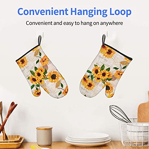 Vintage Yellow Sunflower Floral Oven Mitts, Heat Resistant Non-Slip Waterproof With Soft Cotton Lining Gloves For Kitchen Cooking Baking Bbq(2Pcs) #TOP5
