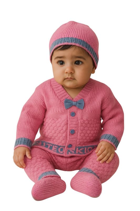 Image of Baby Unisex New Born Baby Boys Girls Soft Comfortable Trendy Woolen Round Neck Stripe Sweater Set with Payjami, Cap and Pair of Booties for Toddlers