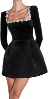 YOUSHIKOU Women's Velvet Long Sleeve Square Neck A-Line Flowy Midi Dress for Bridesmaid Cocktail Party Wedding Guest