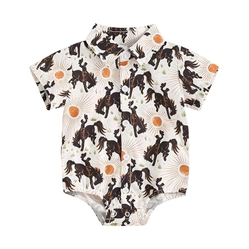 Rarjuiey Newborn Western Baby Boy Outfits Country Cow Shirt Romper Short Sleeve Button Down Bodysuit Cowboy Summer Clothes Orange 12-18 Months