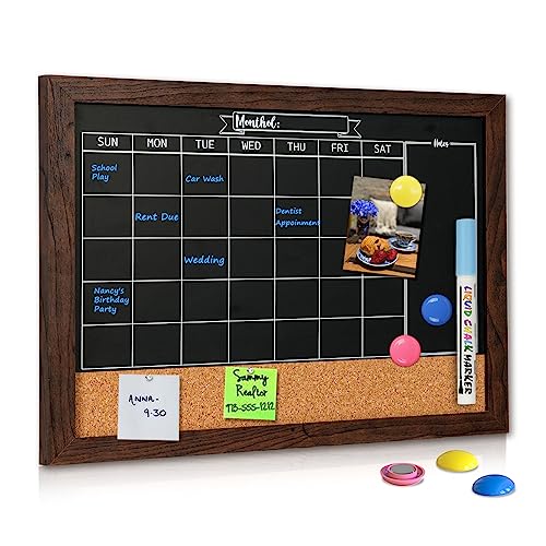 4 THOUGHT Chalkboard Calendar Corkboard Combo, 12" x 16" Small Bulletin Board Magnetic Calendar Chalkboard for Wall Combination Board Monthly Planner Rustic Brown Frame 1 Markers 6 Magnets 4 Pushpins