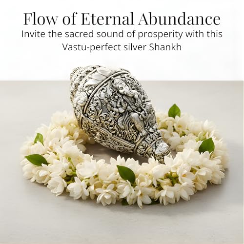 Image of 999 Pure Silver Plated Ganesh Shankh | 6 Inch Grand Vastu Showpiece for Success & Wealth | Sacred Conch Shell Idol for Home Temple & Altar