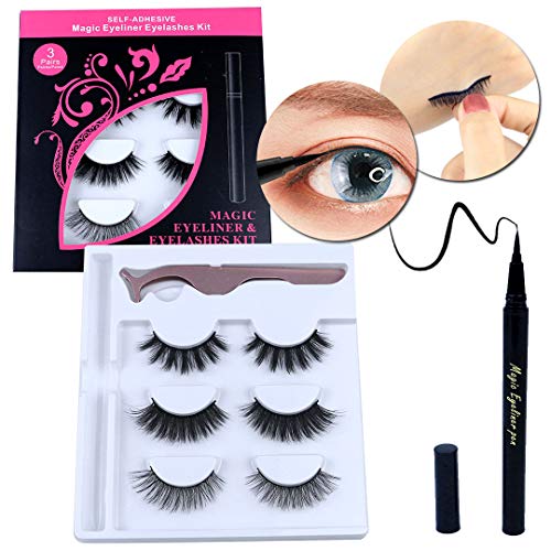 Bowitzki False Eyelashes with Eyeliner Kit, 3 Pairs Reusable Eyelashes with Waterproof Self Adhesive eyeliner,Strong Hold for Lashes,No Magnet and No Glue Needed