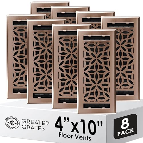 Greater Grates Floor Register 4x10 Vent Cover – 8 Pack – Heavy-Duty Steel, Rustproof & Walkable Grates, Drop-in Install, Adjustable Air Supply Switch - Decorative Floral Design, Satin Bronze