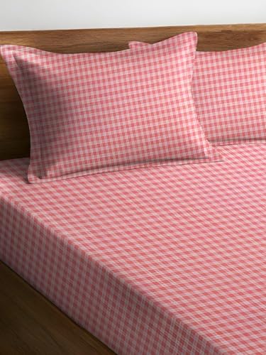 Image of 210 TC Glace Cotton Checked Design Pink Checked Printed Cotton Bedsheet with Pillow Cover - Soft & Breathable Single Bed Sheet 72x78x10 Inche