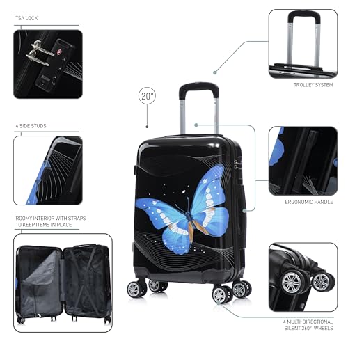Image of InUSA Black Butterfly Print 20-Inch Carry-On Hardside Spinner Luggage Bag