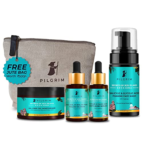Pilgrim Anti Aging Facial Kit For Acne-Prone Skin with AHA, BHA & Hyaluronic Acid| Korean skin care | Women & Men| Foaming Facewash, Peeling solution, Anti-acne serum & Oil free moisturizer| Jute Bag 1