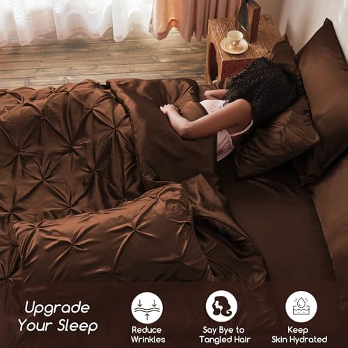 MR&HM Satin Comforter Twin 5 Pieces - Luxurious Pinch Pleat Bedding Set with Comforter, Flat Sheet, Fitted Sheet, Pillowcase & Sham, Super Silky Soft Bed Set for All Season (Twin, Brown)