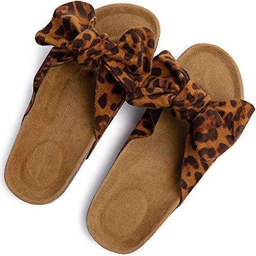 Womens Leopard Slide Sandals Soft Cork Footbed Slip On Slides with Arch Support Leather Knot Bow Sandal Slippers