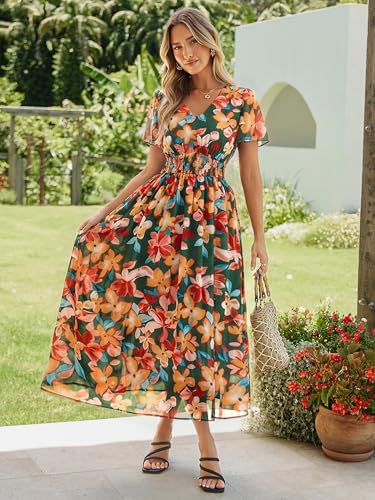 Simplee Womens Summer Boho Floral Maxi Dress V Neck Empire Waist Side Slit Wedding Guest Party Beach Vacation Long Dresses Green Red — view 4