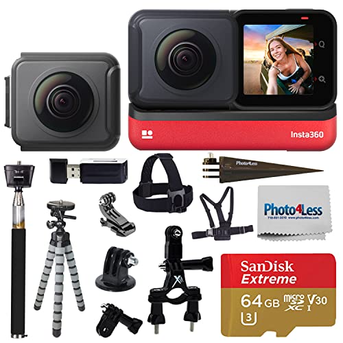 Insta360 ONE RS Twin Edition (360 Camera + 4K Wide Angle) + SanDisk 64GB SD Card + Monopod + Chest Strap + Head Strap + Bike Mount - Top Accessory Bundle