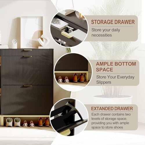 Garvee Fluted Shoe Storage Cabinet with 2 Flip Drawers, Slim Wood Shoe Organizer, Narrow Entryway Furniture with Storage for Small Spaces, Hallway Entrance Apartments, Black
