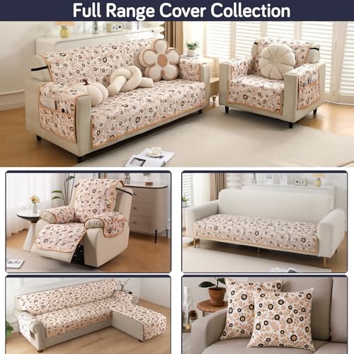 Image of HOKIPO 'HomeHues Series' Printed Quilted Sofa Seat Mat for 3 Seater Sofa with 2 Armrest Covers with Pockets, Light Peach Candytuft (IN-809-D6 + IN-814-D6*2)