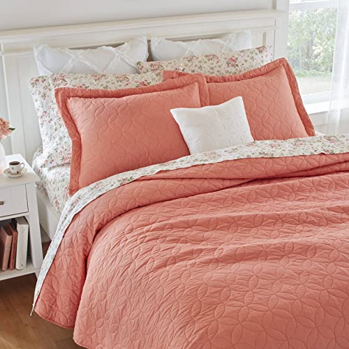Laura Ashley Solid Collection Quilt Set-100% Cotton, Breathable, All Season Bedding With Matching Shams, Pre-Washed For Added Softness, King, Coral #TOP3