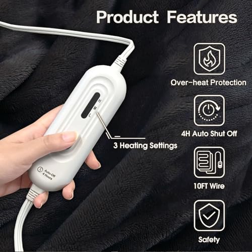 Image of Tefici Electric Heated Blanket Throw, Super Cozy Soft 2-Layer Flannel 50 inch x 60 inch Heated Throw with 3 Heating Levels & 4 Hours Auto Off, Machine Washable, ETL&FCC Certified, Home Office Use,Black