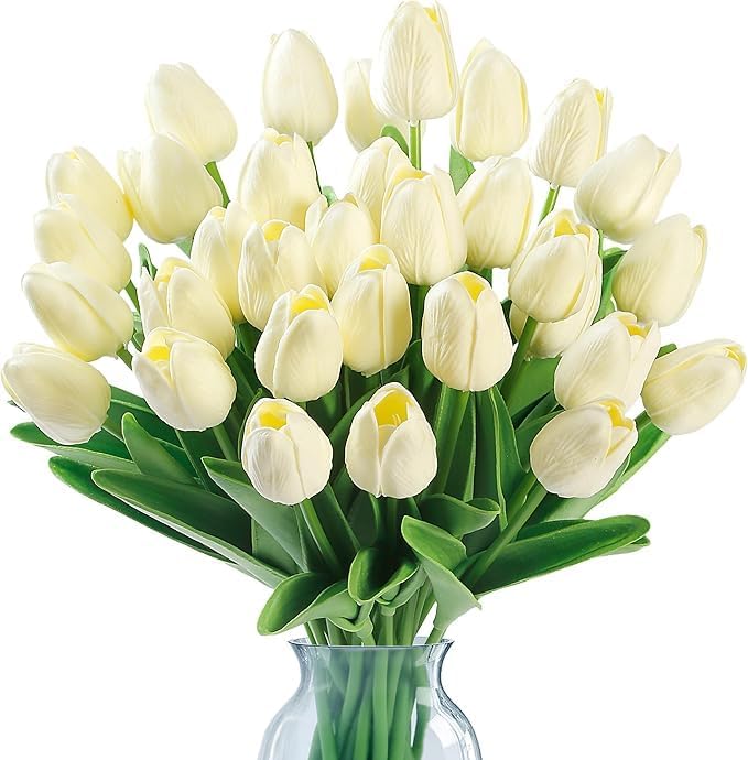 Image of Garden Art Artificial Tulip Flowers (Pack of 5) | Real Touch Silicone Single Stem Tulips for Home Decor, Living Room, Office, Vase & Wedding Decoration GAASTFB-1H-33CR (Cream)