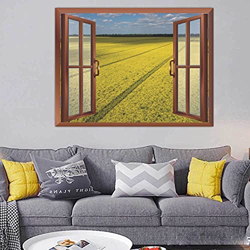 Image of CVANU Lovely View of Yellow Meadows with Clear Blue Sky in a Sunny Day Removable Faux Window Wall Sticker /Decals for Living Room etc Cv 32
