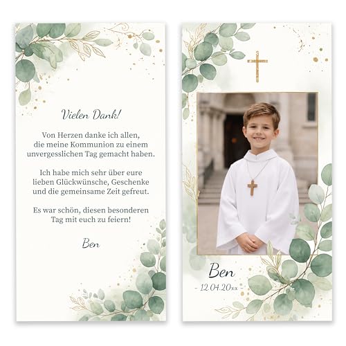Dankeskarte Kommunion - FOTO Danksagung Erstkommunion PERSONALISIERT mit Foto & Text Mädchen & Jungen ab 10 bis 100 Karten Umschläge optional extra starkes Papier - Eucalyptus Goldlaub
