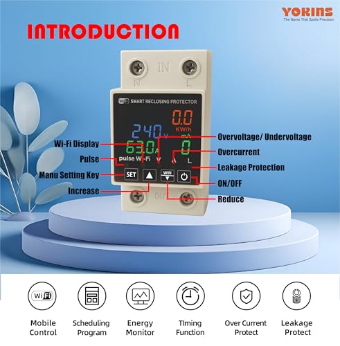 Image of YOKINS Smart Energy Meter 63A | WiFi Voltage, Current & Leakage Protector | Over /Under Voltage & Overload Protection | DIN Rail (YD-WiVA Meter With Weatherproof Mount)
