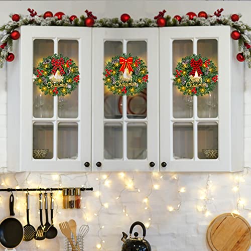 Turnmeon 3 Pack Prelit Christmas Wreath With Lights For Front Door, Merry Christmas Wreath Bow Pinecone Red Berry Battery Operated Holiday Xmas Decorations Window Cabinets Outdoor Indoor Home(13 Inch) #TOP4