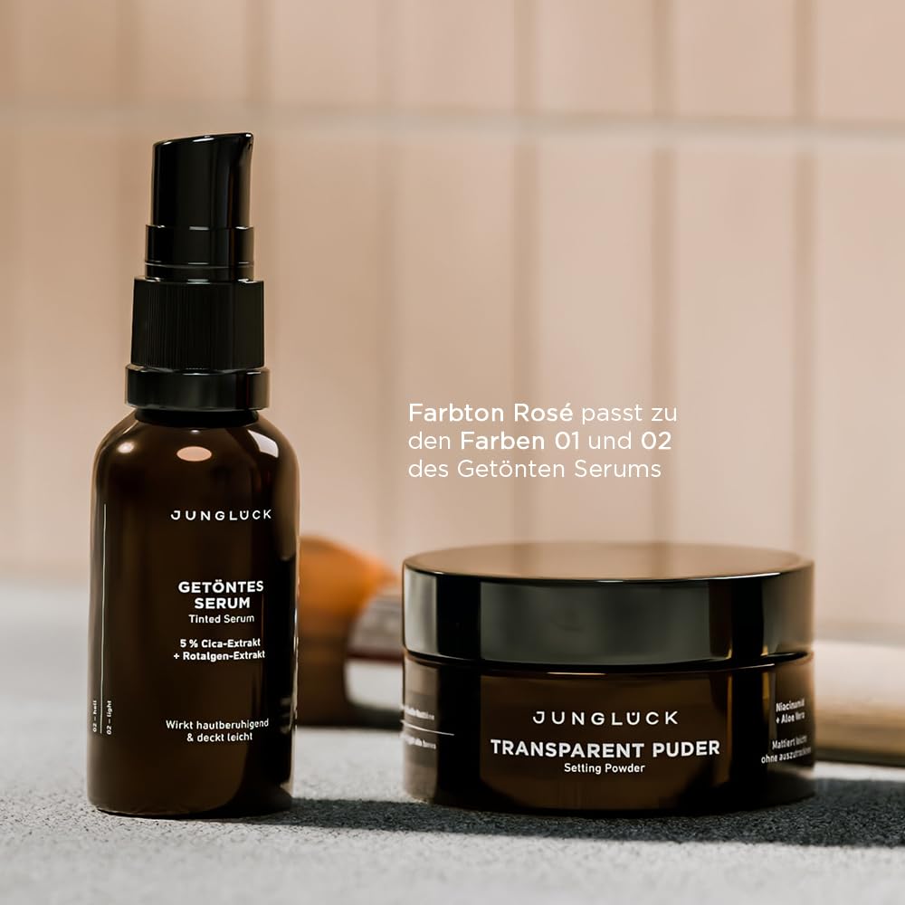 JUNGLÜCK Cara en polvo transparente – Maquillaje mate y fijo | Polvo natural sin aspecto polvoriento fija el maquillaje sin secarse, color rosa, vegano