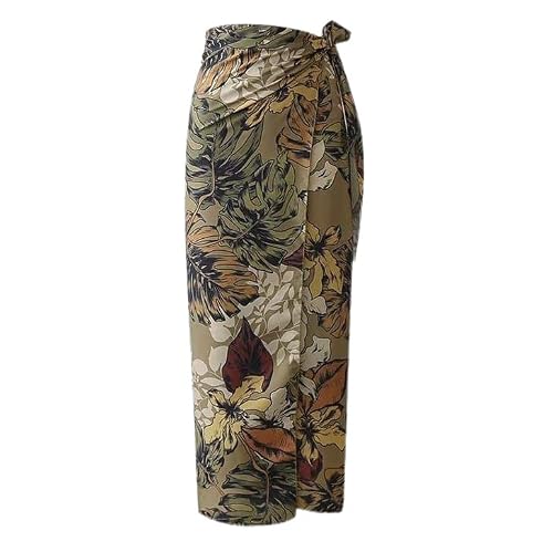 Soly Hux Women's Satin Boho Tropical Foliage Print High Waist Self Belted Bohemian Midi Wrap Skirt Multicoloured L #TOP16