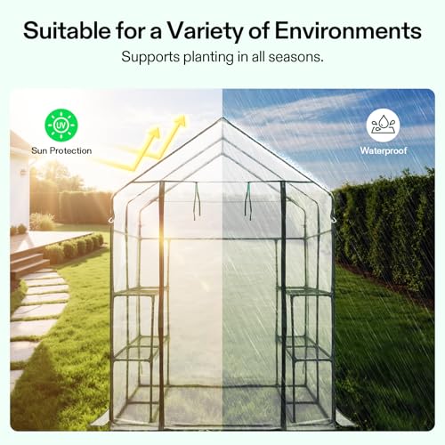 Image of VIVOSUN 57x57x77-Inch Transparent Mini Walk-in Green House with Window and Anchor, Plant Garden Hot House 2 Tiers 8 Shelves, 4.7 x 4.7 x 6.4 FT