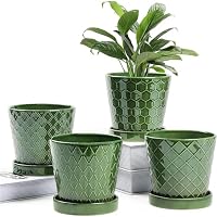 BUYMAX Plant Pots Indoor –5 inch Ceramic Flower Pot with Drainage Hole and Ceramic Tray - Gardening Home Desktop Office Windowsill Decoration Gift, Set of 4-Plants NOT Included (Patina)