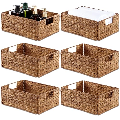 Image of BLUEWEST Wicker Storage Baskets Pack 6, Woven Baskets for Storage, Laundry Water Hyacinth Basket for Organizing with Carrying Handles, Rattan Baskets (Brown, Rectangular)