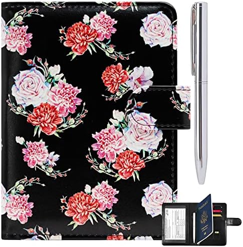 RSAquar Passport Holder for Women and Men, Premium PU Leather Travel Passport Wallet RFID Blocking Passport Cover Travel Documents Organizer with Pen Holder, Rose Flower
