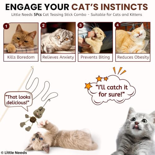 Image of Interactive Cat Teaser Stick Combo of 5 - (Mouse Bell, Stripe, Brown Rabbit, Sisal Mouse & Pink Puppy) with Attached Bell | Fun, Engaging Toy for Cats & Kittens | Indoor & Outdoor Play