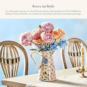 MACKENZIE-CHILDS Practical Enamel Pitcher with Spout, Drink Pitcher for Iced Tea or Water, Flower Vase, Medium, Pink Wildflowers MACKENZIE CHILDS Practical Enamel Pitcher with Spout Drink Pitcher for Iced Tea or Water Flower Vase Medium Pink Wildflowers