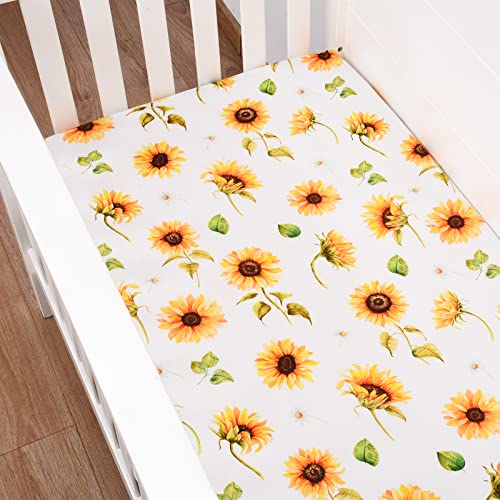 Image of JISEN Baby Crib Sheet 1 Piece Portable Fitted Crib Sheet for Standard Crib and Toddler Mattresses Nursery Bed Decor for Boys Girls 28x52 Inch Sunflowers