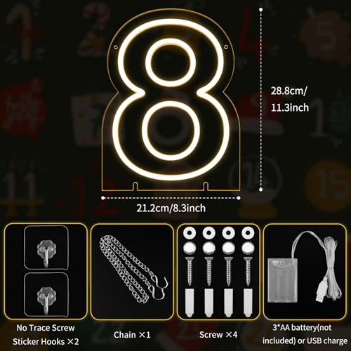 Image of Number 8 LED Neon Sign Backdrop Birthday Party Decoration, 11.3 inch Height Warm White Marquee Number Eight Light Up Sign for Wedding Anniversary Window Wall Table, Indoor Battery Operated or USB