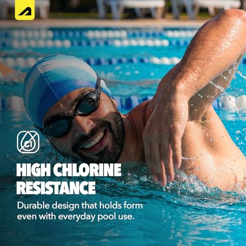 Image of Boldfit Swimming Cap for Men Silicone, for Women Unisex, for Kids Boys & Girls, for Women Long Hair Head Cap Men Silicone Fabric, Easy Fit - WhiteBlue