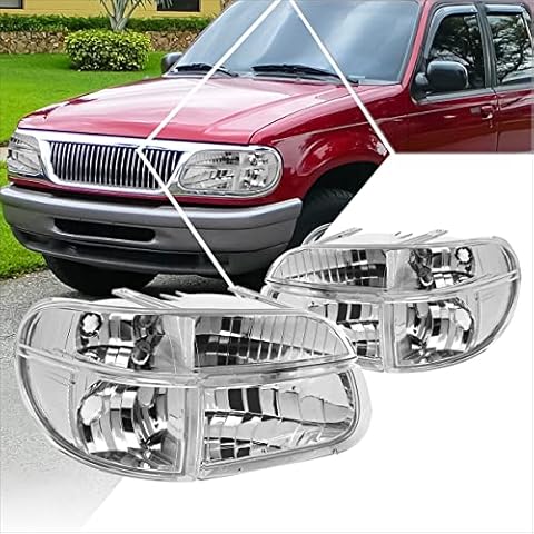 PM PERFORMOTOR Headlights Assembly Compatible with 1995-2001 Ford Explorer 4Pcs Headlamps+Corner Lamps, Chrome Housing/Clear Corner Cover