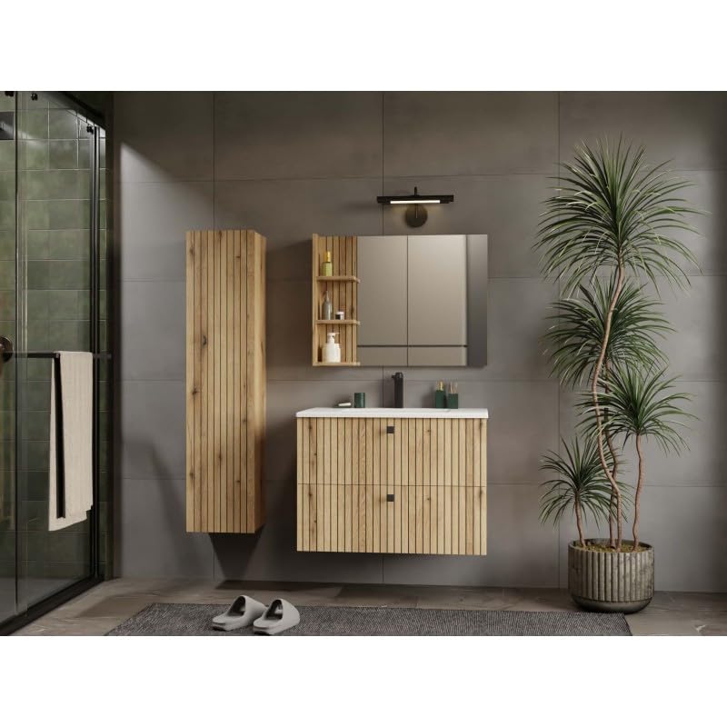 Meuble sous-lavabo suspendu CDF avec 2 tiroirs, meubles de salle de bain avec façades à lamelles et poignées – Rangement pour accessoires de bain, cosmétiques, serviettes – Design moderne Tigo 802S