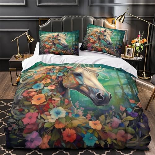 Housse de couette imprimé animal fleurs et chevaux 200x200cm avec fermeture éclair