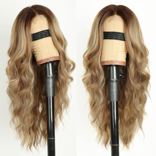 Image of AISI HAIR Honey Brown with Blonde Highlights Wavy Wig with Soft Pink Ends for Women, Long Wavy Lace Hairline Middle Part Synthetic Heat Resistant Wig for Daily Party-26 Inch