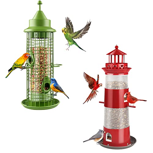 Decflow Bird Feeder, Wild Metal Bird Feeders for Outdoors Hanging with 4 Feeding Ports, Squirrel Proof Tube Bird Seed Feeder and Garden Decoration Yard for Bird Watchers.