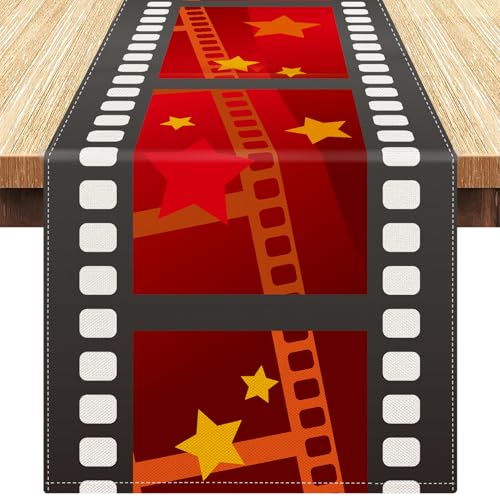 Chemin de Table Filmstrip Movie Night Nappe en Lin Rouge Décor avec Chemin de Table Étoile Dorée Bords Noirs avec Grilles Blanches pour Soirée sur Le Thème du...
