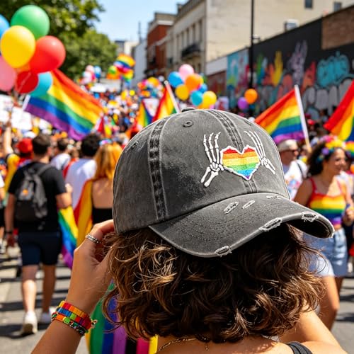 Image of Gay Pride Baseball Hat for Men and Women, LGBT Rainbow Embroidered Trucker Hats Adjustable Washable LGBTQ Baseball Cap Gifts