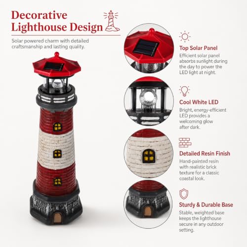 Image of Solar Lighthouse Outdoor Statues, 360 Rotating Beacon Garden Lighthouse, 15 inch Light House for Outside Garden Yard Decor, Waterproof Resin Nautical Figurines for Patio Lawn Landscape Lighting (Red)