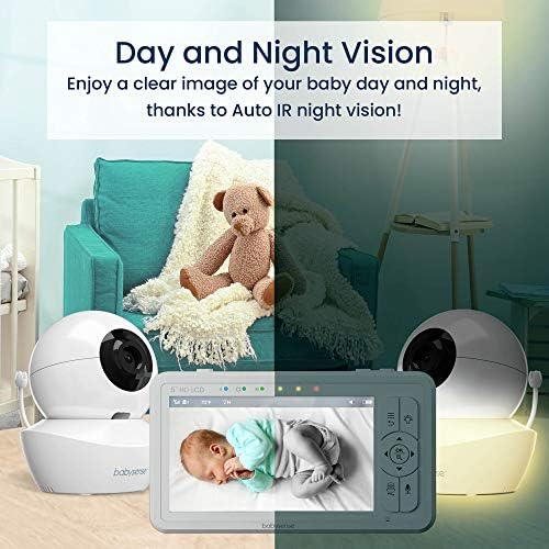 Babysense 5" HD Baby Monitor, Video Baby Monitor with Camera and Audio, Remote Pan and Tilt, Adjustable Night Light, Long Range, Two-Way Audio, 4x Zoom, Night Vision, 4000mAh Battery