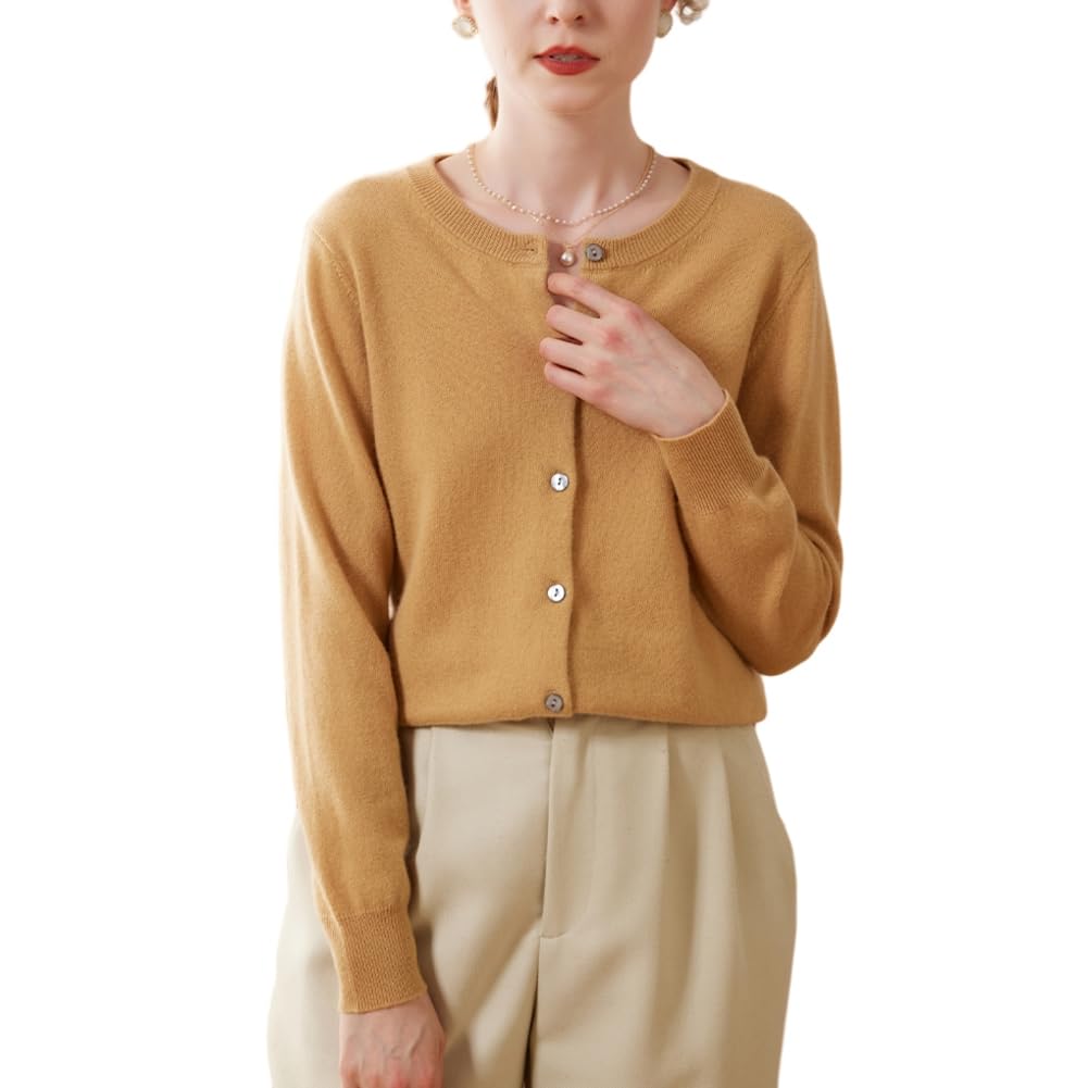 Valin Damen Kaschmir&Wolle Strickjacke Rundhals Langarm Cardigan Einfarbige Relaxed Dünner Kaschmir Strickjacke,VSP1201