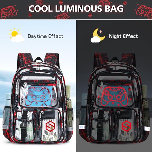 DIGOBAY 3PCS Cool Luminous Clear Backpack for Boys Kids, Gamer Clear Bookbag for School, See Through PVC Transparent Backpacks with Lunch Bag Pencil Case, Backpack Heavy Duty for School Stadium by DIGOBAY - Used condition - Image 6